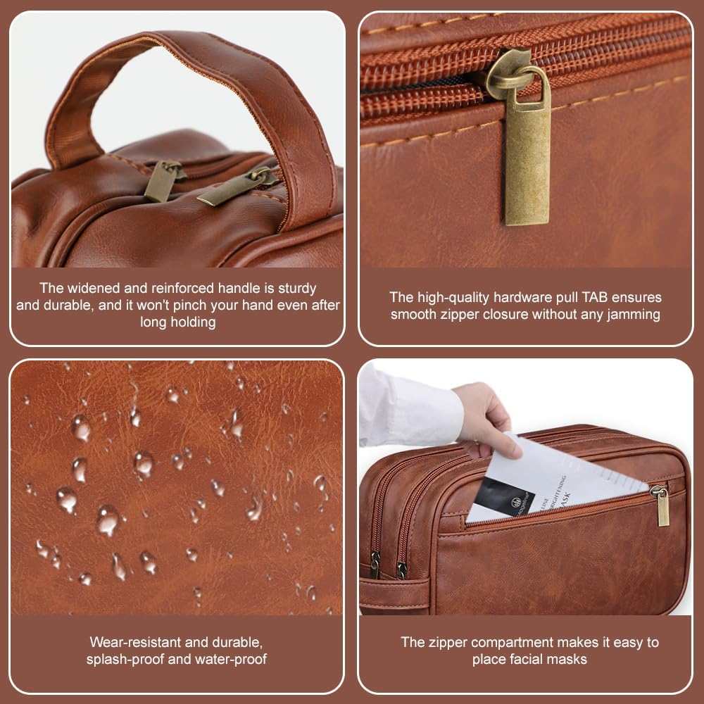 Necessär för Män | Vattentät Toalettväska med 3 Fack | Brun Läder