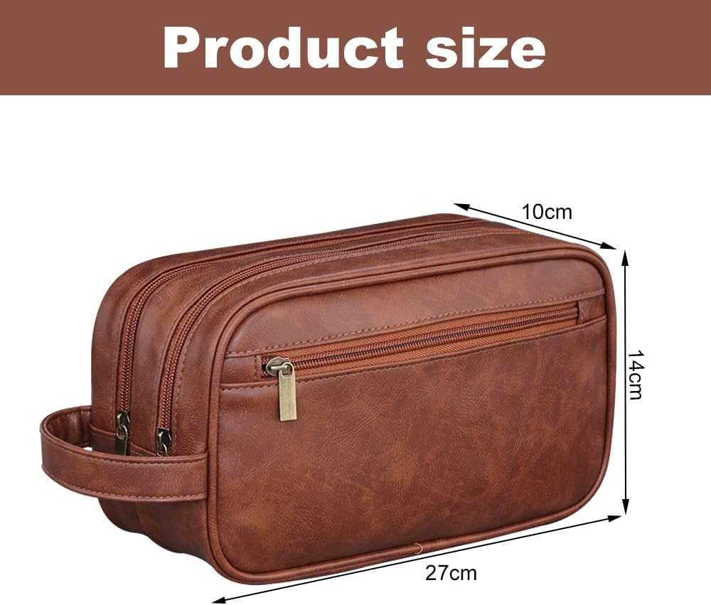 Necessär för Män | Vattentät Toalettväska med 3 Fack | Brun Läder