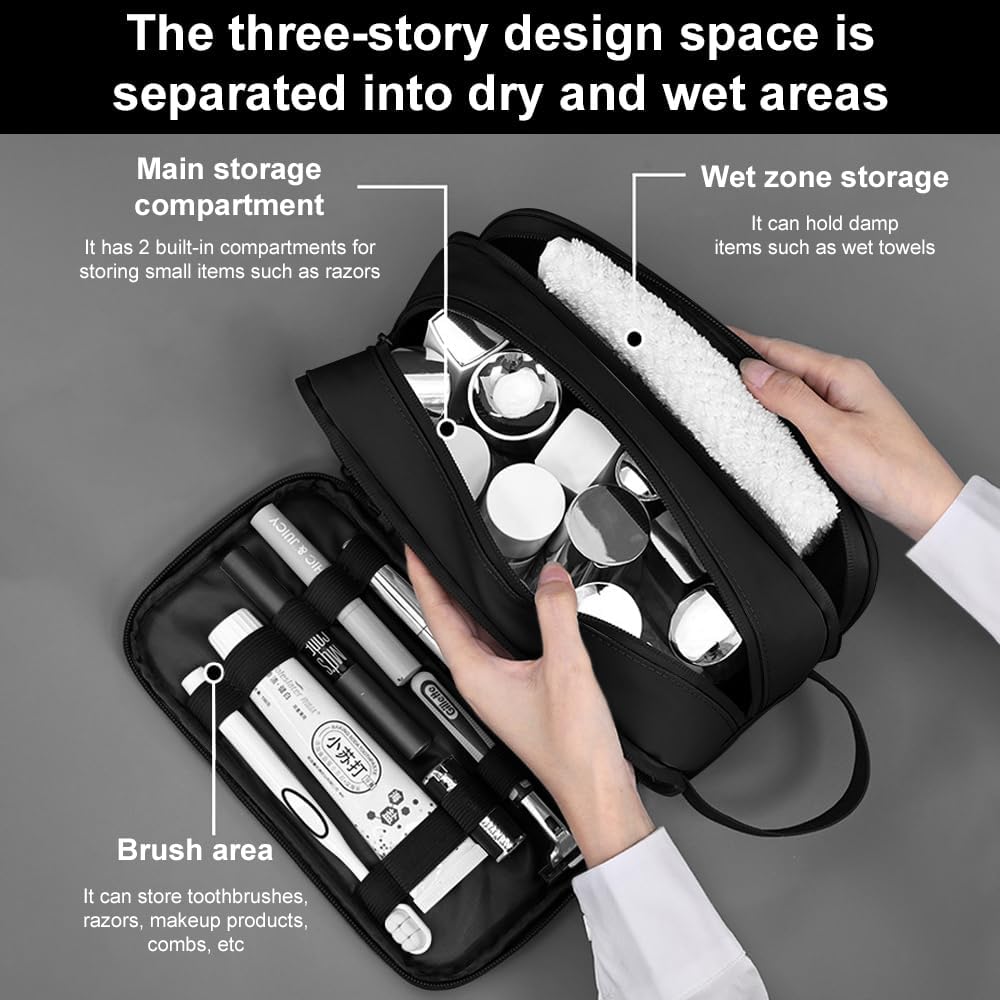 Necessär för Män | Vattentät Toalettväska med 3 Fack | Brun Läder