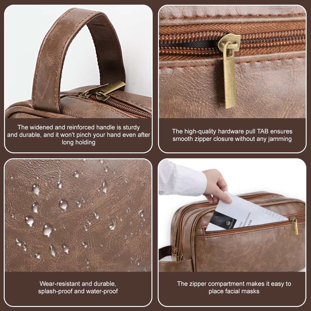 Necessär för Män | Vattentät Toalettväska med 3 Fack | Brun Läder