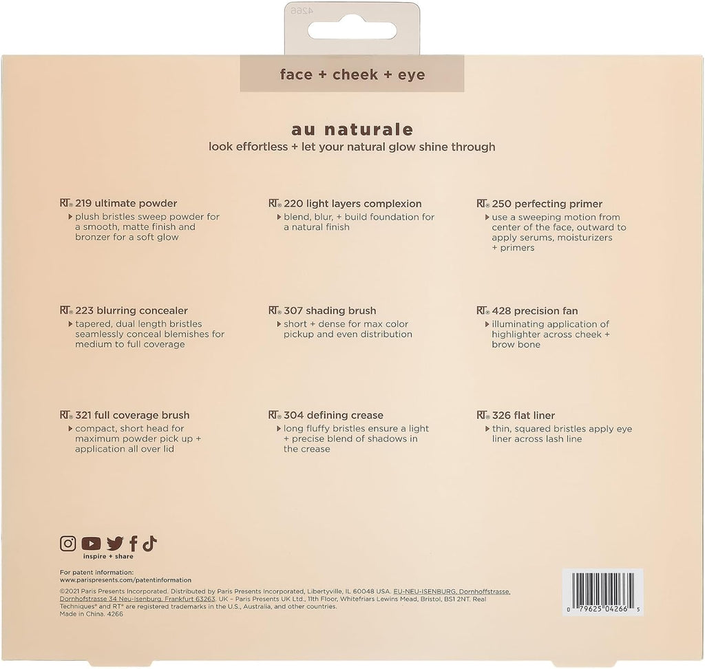 Real Techniques Au Naturale sminkborstsats, för foundation, pulver och concealers, ansiktsborstar av högsta kvalitet, 9-delat set, guld