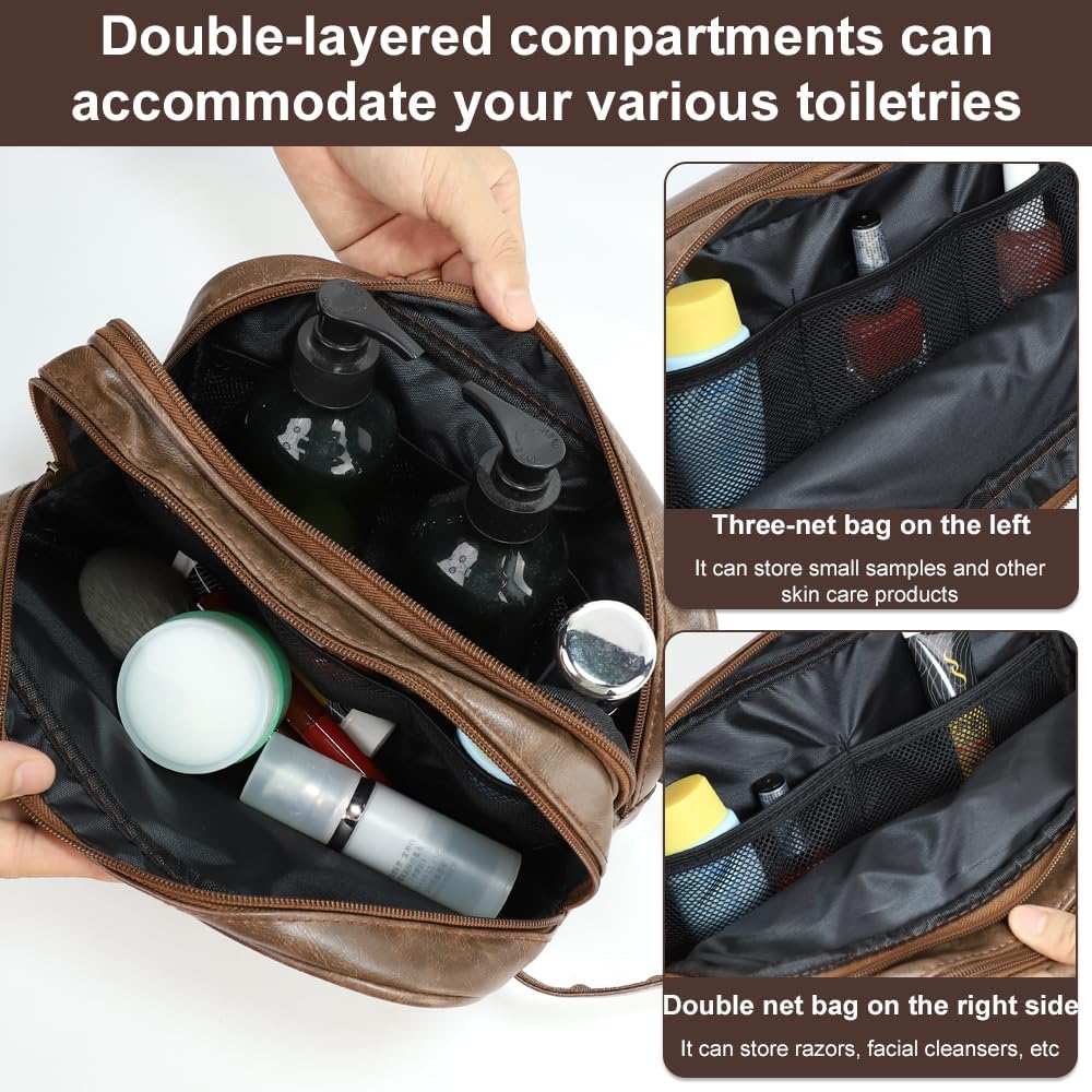 Necessär för Män | Vattentät Toalettväska med 3 Fack | Brun Läder
