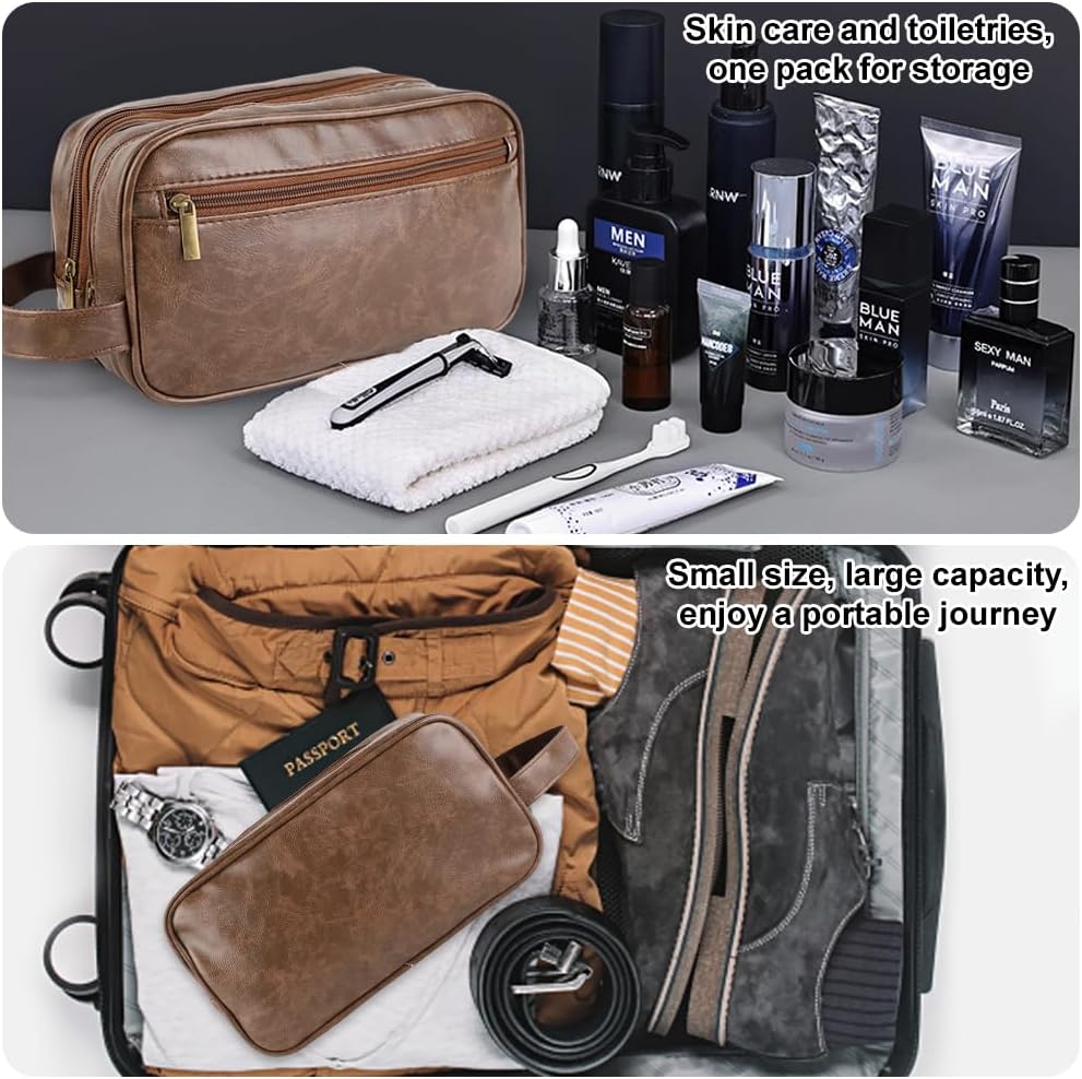 Necessär för Män | Vattentät Toalettväska med 3 Fack | Brun Läder