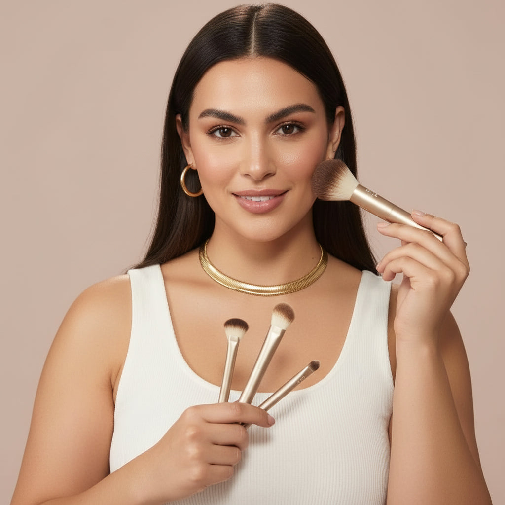 Real Techniques Au Naturale sminkborstsats, för foundation, pulver och concealers, ansiktsborstar av högsta kvalitet, 9-delat set, guld