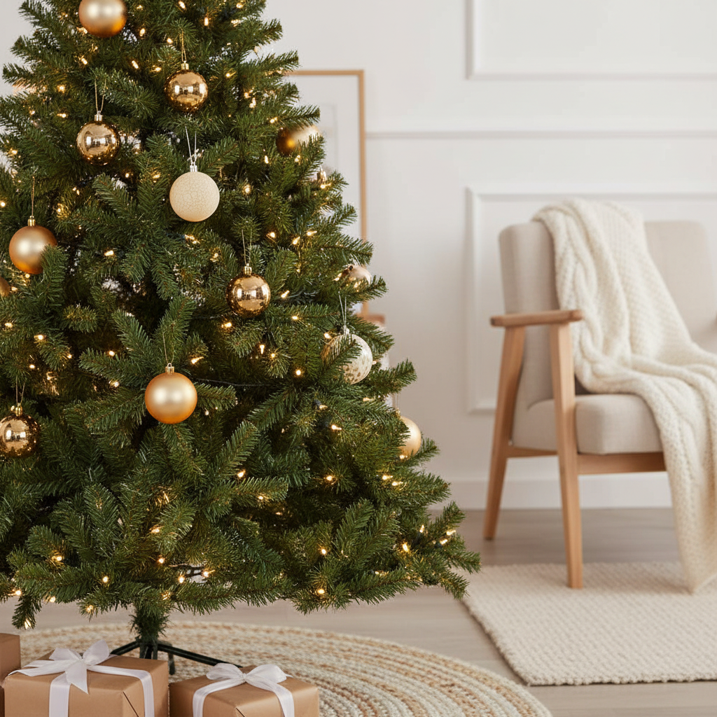 Guldiga julkulor i julgran med LED-belysning