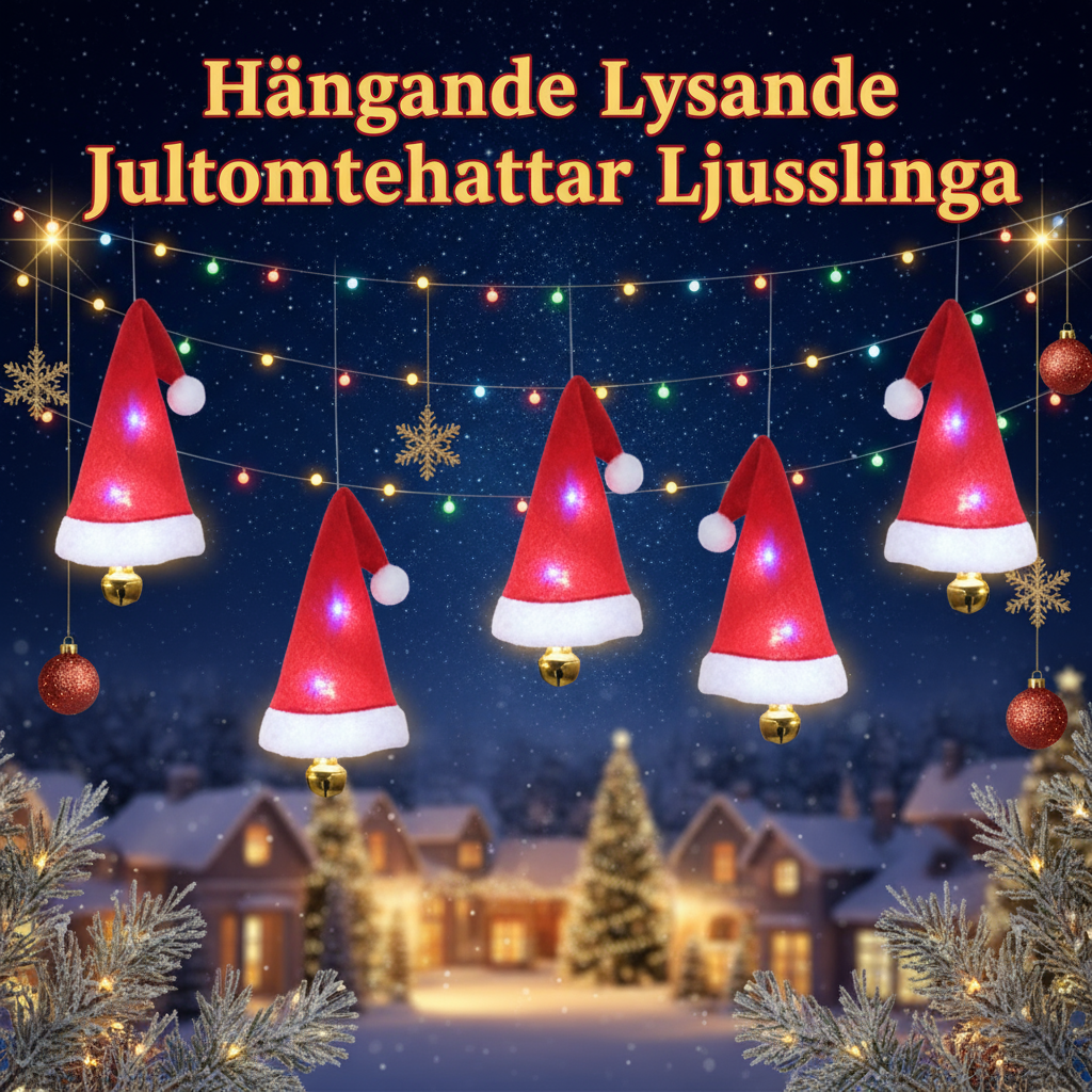 Hängande Lysande Jultomtehattar Ljusslinga Banner