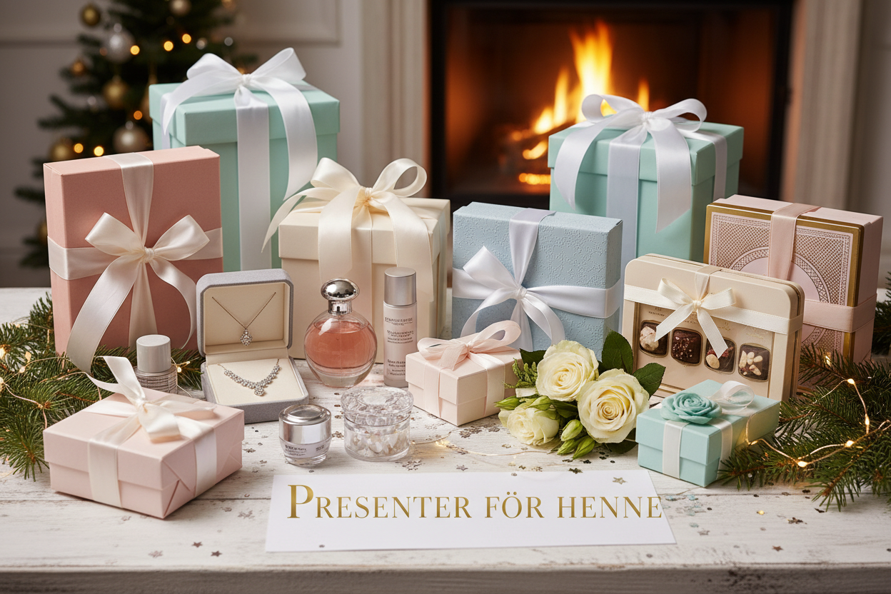 skriv bilden på svenska "presenter för henne"